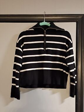 Black & White Striped Half-Zip Sweater